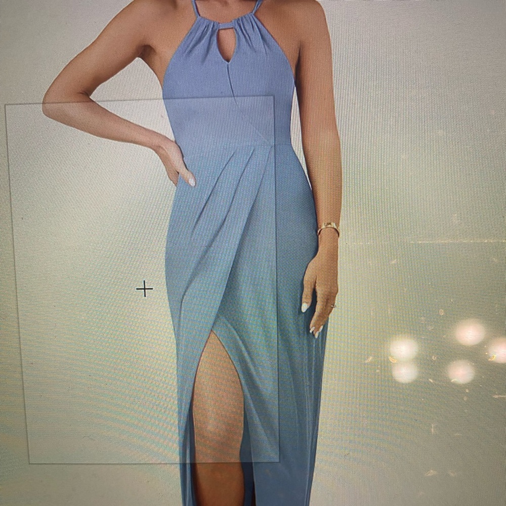 Azazie Hadid stretch sheath pleated mesh floor length dress dusty blue